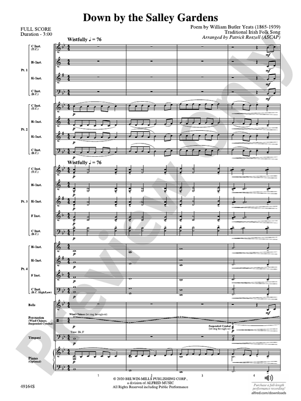 Down by the Salley Gardens (Flexible Arrangement) - Concert Band Conductor Score & Parts (Digital Download)