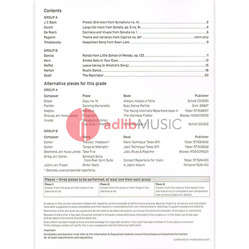 Violin Exam Pieces Grade 4, 2016-2019 - Score and Part - Various - Violin Trinity College London