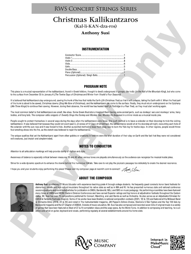 Christmas Kallikantzaros (Kal-li-KAN-dza-ros) - String Orchestra Conductor Score & Parts (Digital Download)