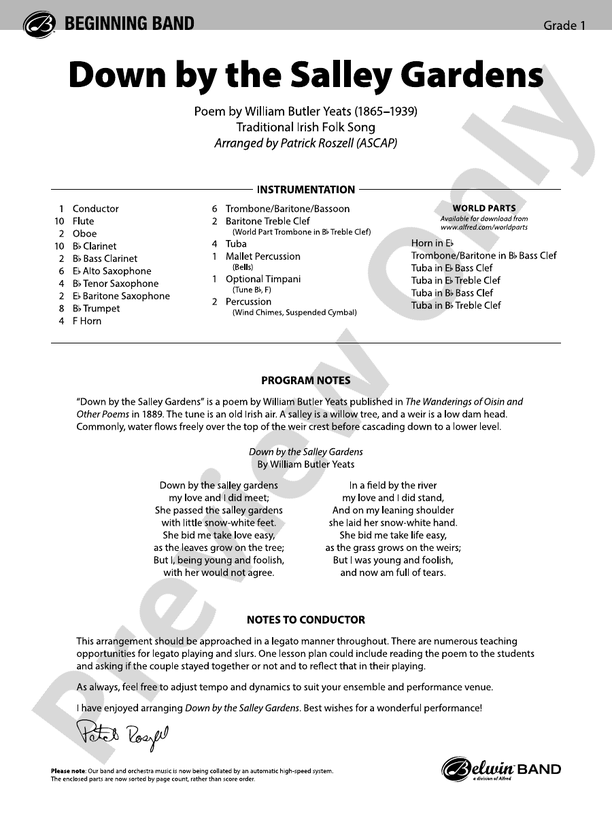 Down by the Salley Gardens - Concert Band Conductor Score & Parts (Digital Download)
