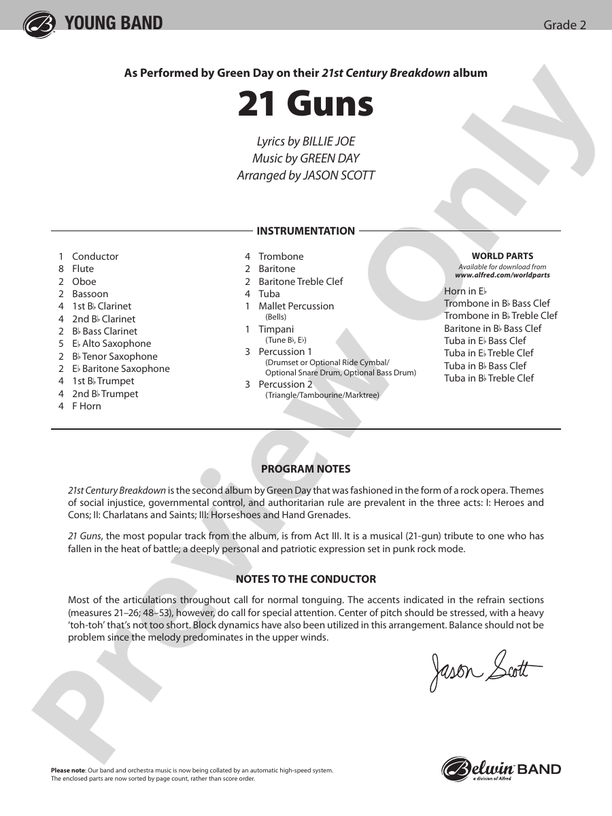 21 Guns - Concert Band Conductor Score & Parts (Digital Download)