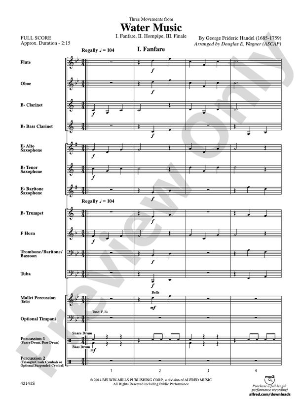 Three Movements from Water Music - Concert Band Conductor Score & Parts (Digital Download)