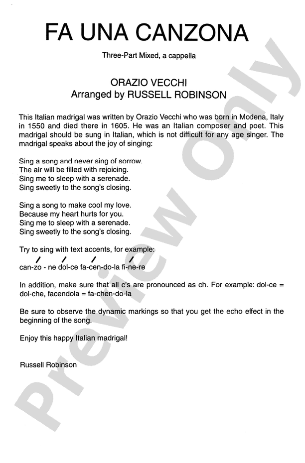 Fa Una Canzona (Sing Now a Song) – 3-Part Mixed, a cappella Choral Octavo (Digital Download)