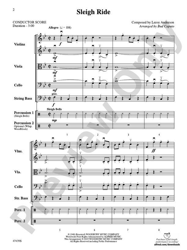 Sleigh Ride (Grade 3) - String Orchestra Conductor Score & Parts (Digital Download)