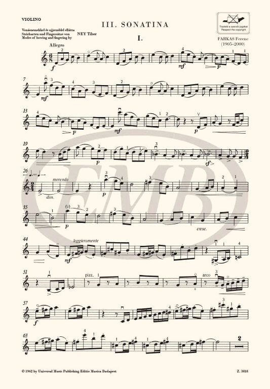 Farkas - Sonatina #3 - Violin/Piano Accompaniment EMB Z3818