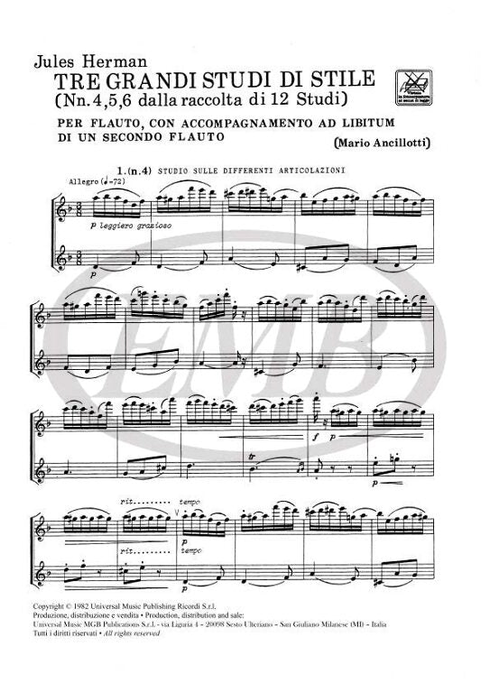 3 Grandi Studi Di Stile - Un Secondo Flauto - Nn. 4 - 6 - Jules Herman - Flute Ricordi Flute Solo