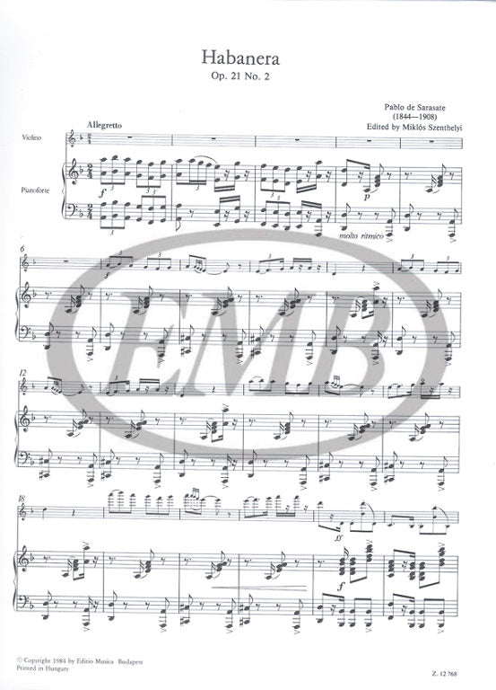 Sarasate - Habanera Op21/2 - Violin/Piano Accompaniment edited by Szenthelyi EMB Z12768