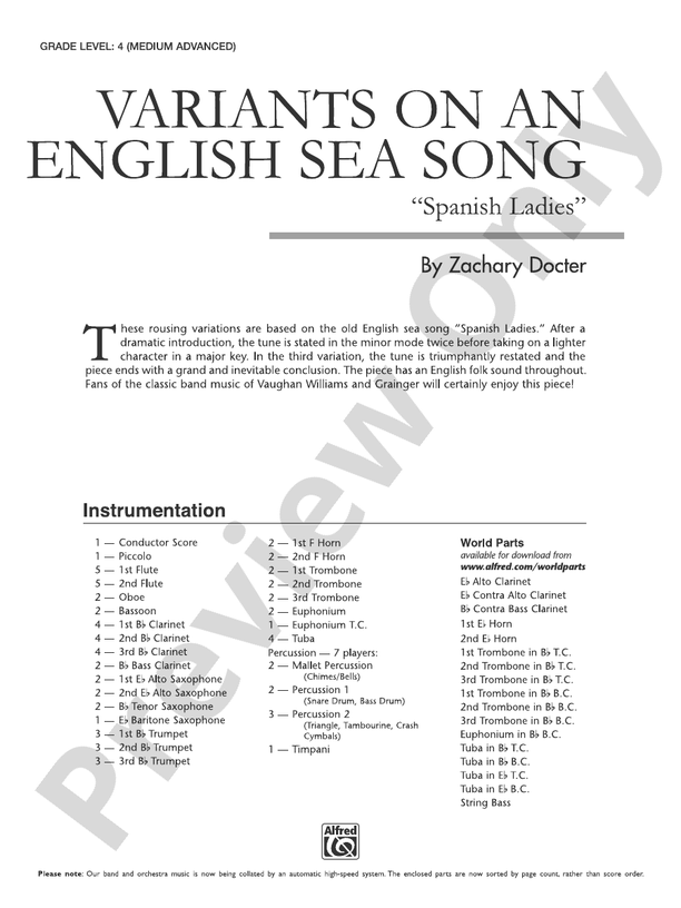 Variants on an English Sea Song - Concert Band Conductor Score & Parts (Digital Download)