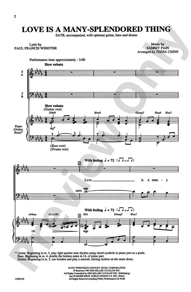 Love Is a Many Splendored Thing - Arr. Teena Chinn – SATB Choral Octavo (Digital Download)