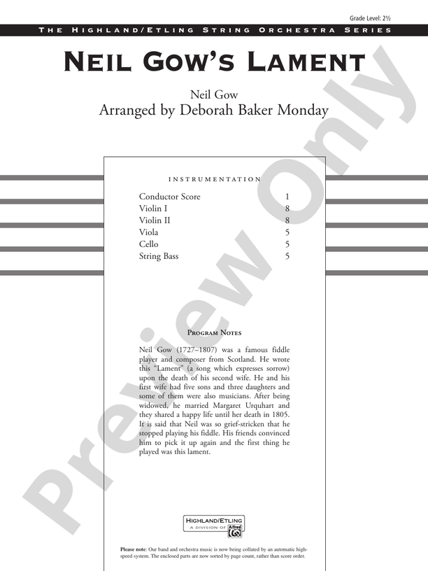 Neil Gow's Lament – String Orchestra Conductor Score & Parts (Digital Download)