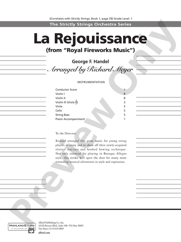 La Rejouissance from the "Royal Fireworks Music" – String Orchestra Conductor Score & Parts (Digital Download)