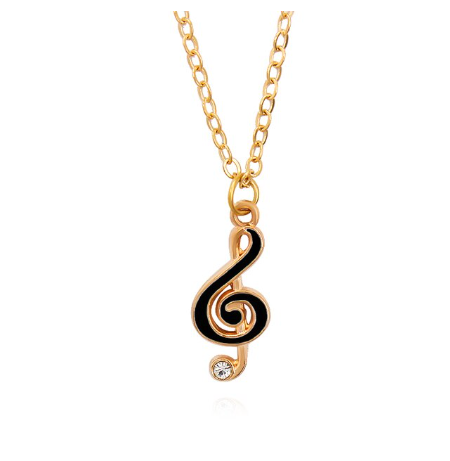 Black Treble Clef Pendant with Diamonte and Gold Chain