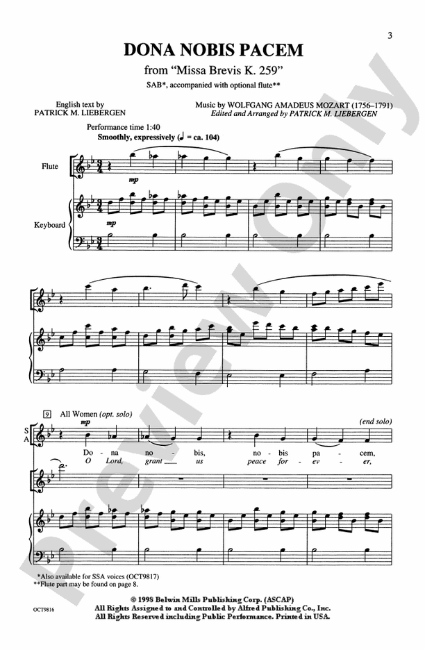 Dona Nobis Pacem (from Missa Brevis, K. 259) – SAB Choral Octavo (Digital Download)