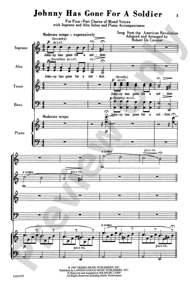 Johnny Has Gone for a Soldier - Arr. Robert DeCormier – SATB Choral Octavo (Digital Download)