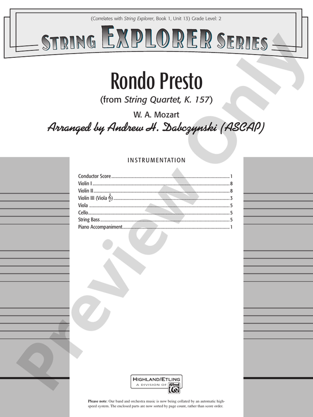 Rondo Presto (from String Quartet K. 157) – String Orchestra Conductor Score & Parts (Digital Download)