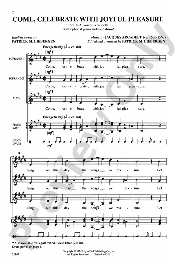 Come, Celebrate with Joyful Pleasure – SSA, a cappella Choral Octavo (Digital Download)