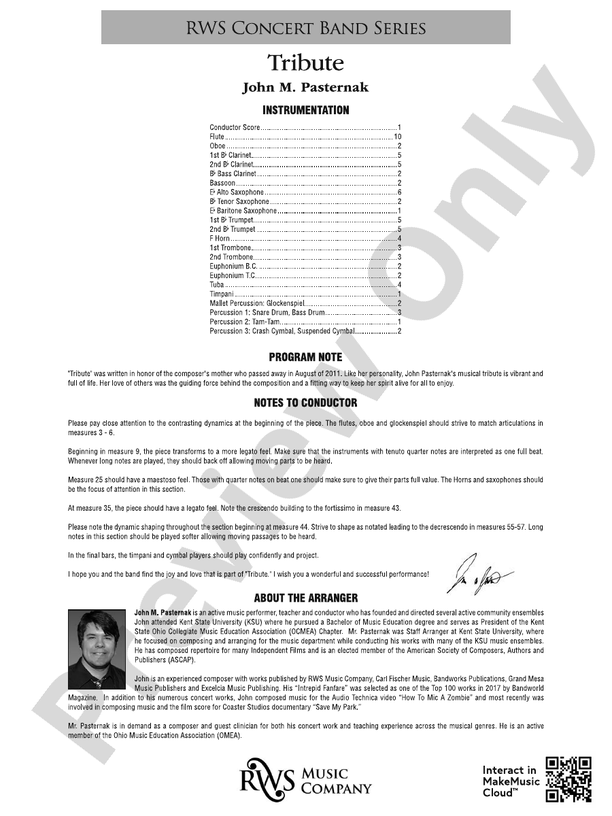 Tribute - Concert Band Conductor Score & Parts (Digital Download)