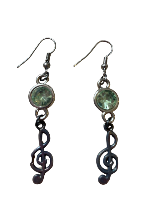 Drop earrings a Treble Clef with a Pale Green Stone