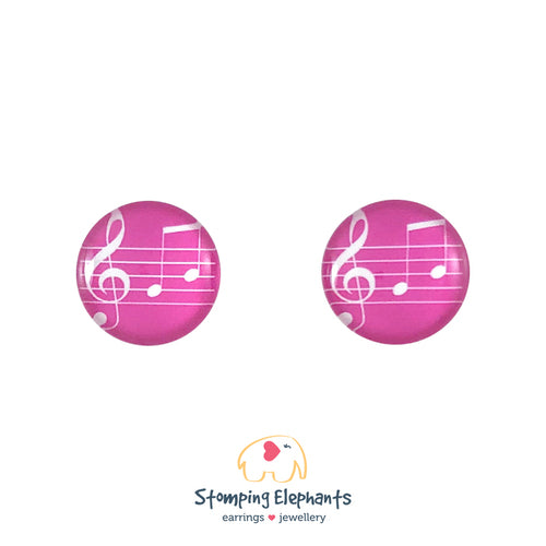 Stud Earrings Pink treble clef with manuscript.