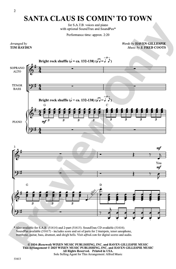 Santa Claus Is Comin' to Town - SATB Choral Octavo (Digital Download)
