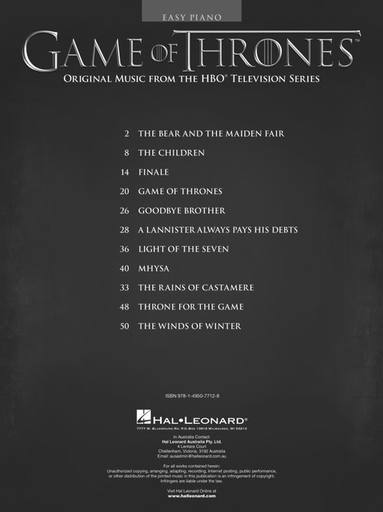 Game of Thrones Selections - Easy Piano Hal Leonard 199167