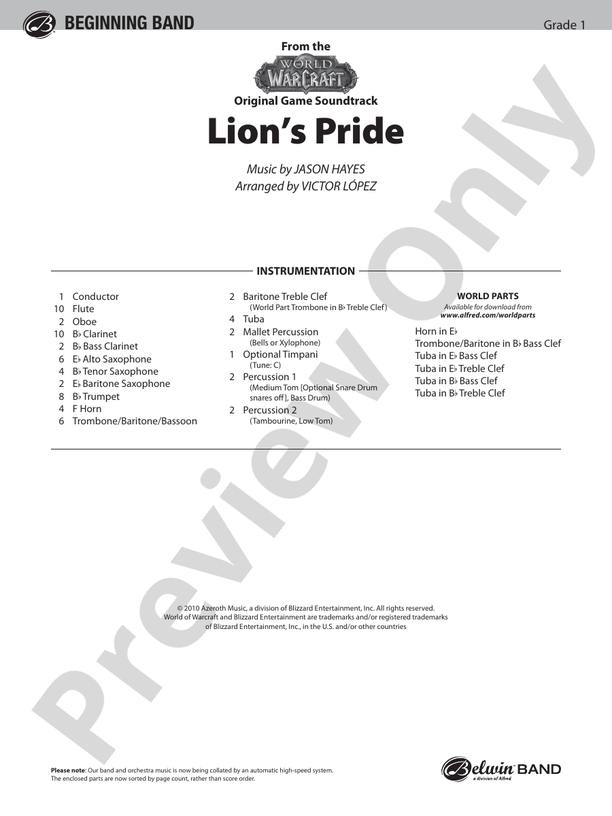Lion's Pride (from the "World of Warcraft" Original Game Soundtrack) - Concert Band Conductor Score & Parts (Digital Download)