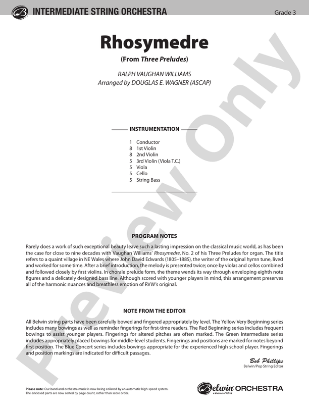 Rhosymedre (from Three Preludes) – String Orchestra Conductor Score & Parts (Digital Download)
