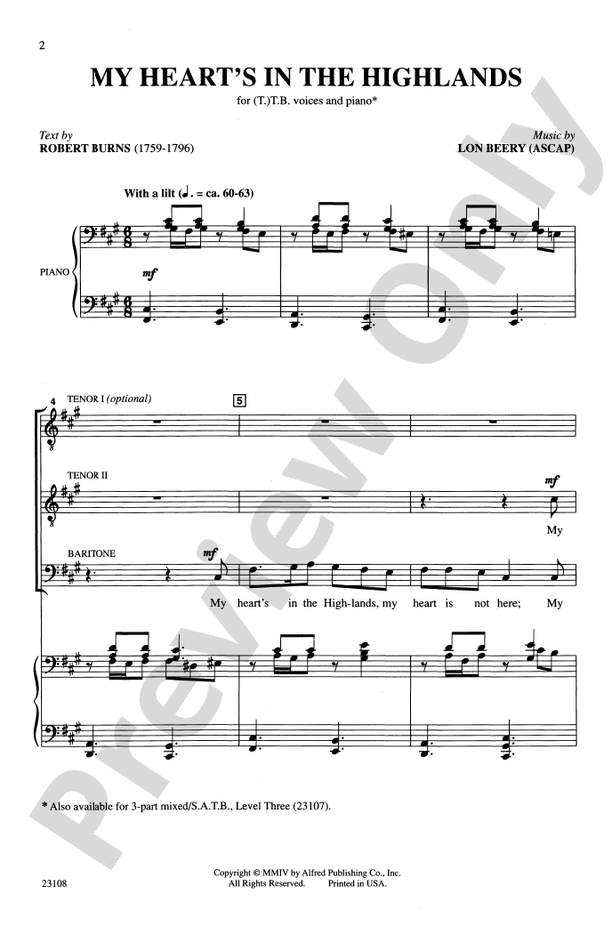 My Heart's in the Highland – (T)TB Choral Octavo (Digital Download)