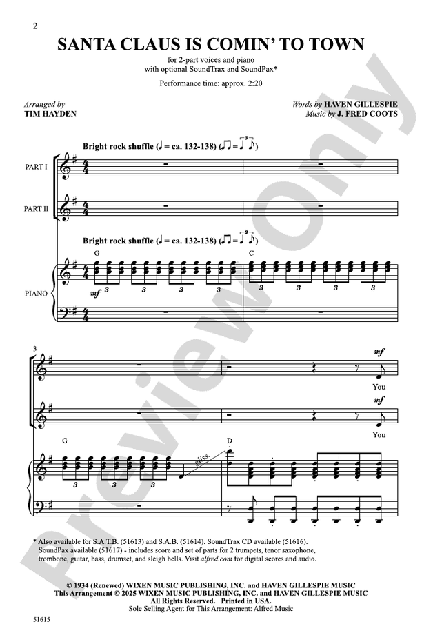 Santa Claus Is Comin' to Town - 2 Part Treble Choral Octavo (Digital Download)