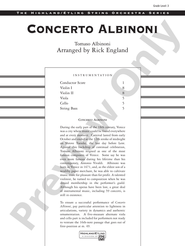 Concerto Albinoni – String Orchestra Conductor Score & Parts (Digital Download)