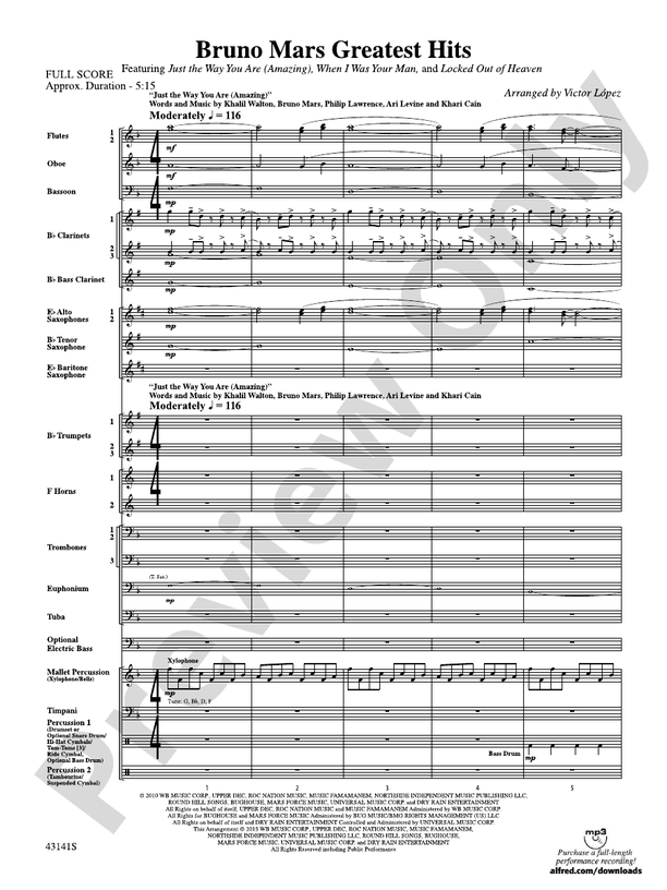 Bruno Mars Greatest Hits - Concert Band Conductor Score & Parts (Digital Download)