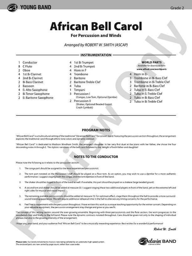 African Bell Carol (for Percussion and Winds) - Concert Band Conductor Score & Parts (Digital Download)