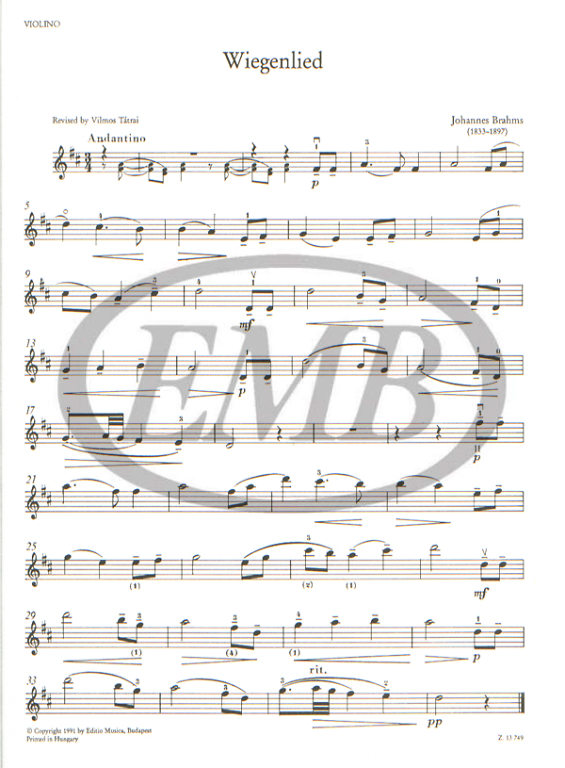 Brahms - Cradle Song - Violin/Piano Accompaniment arranged by Mostras/Tatrai EMB Z13749