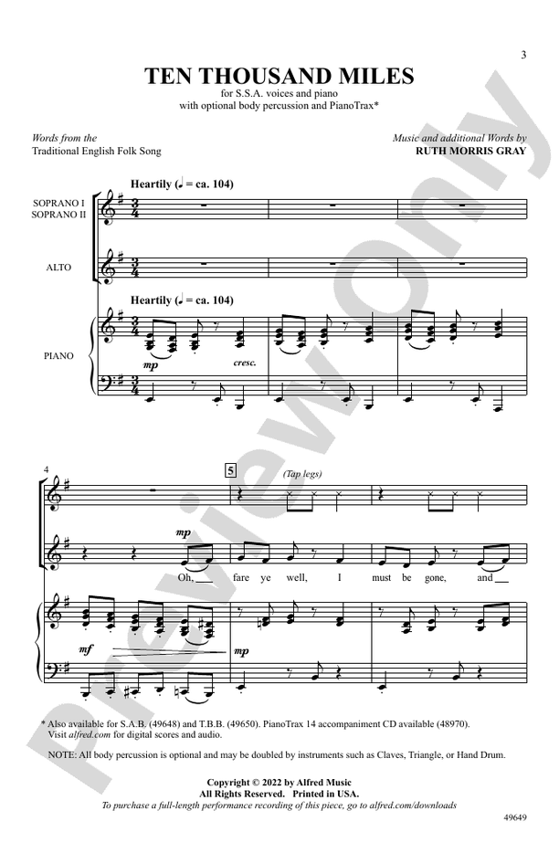 Ten Thousand Miles - SSA Choral Octavo (Digital Download)