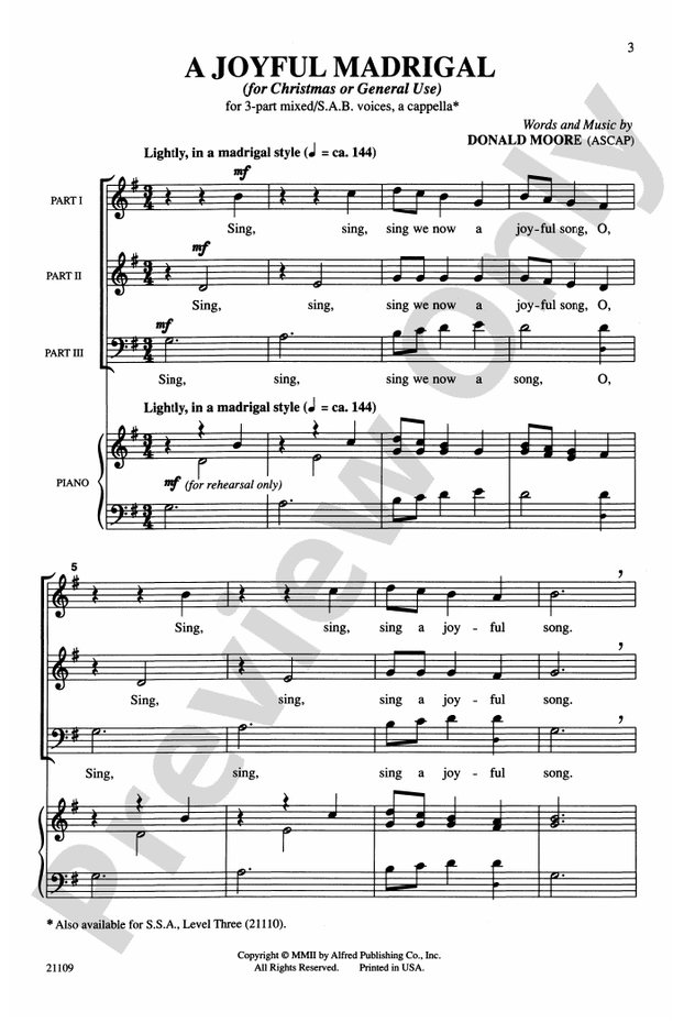 A Joyful Madrigal - 3-Part Mixed or SAB, a cappella Choral Octavo (Digital Download)