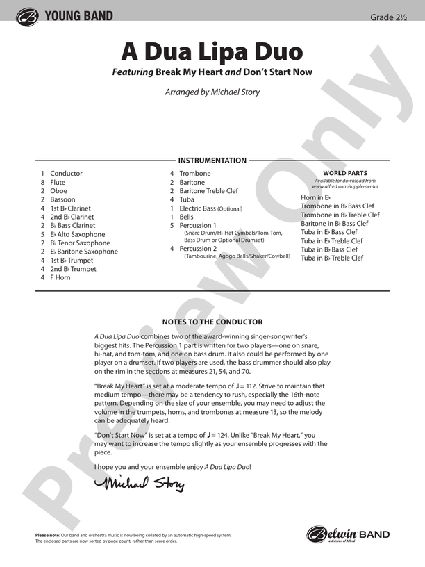 A Dua Lipa Duo - Concert Band Conductor Score & Parts (Digital Download)