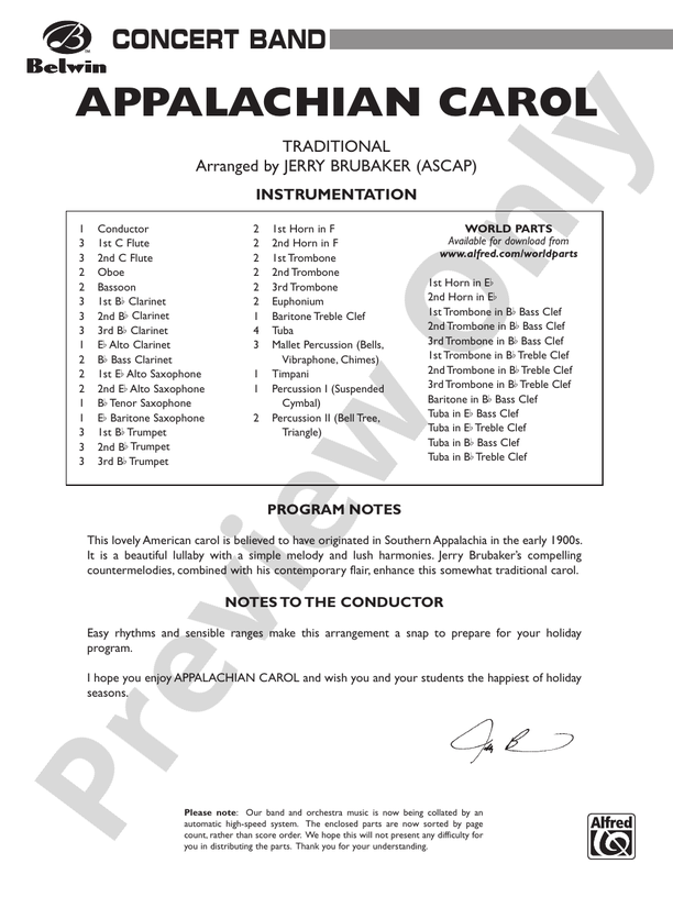 Appalachian Carol - Concert Band Conductor Score & Parts (Digital Download)