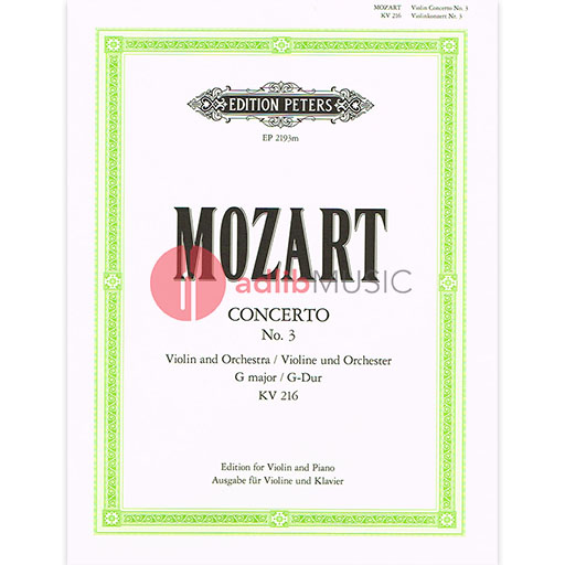 Mozart - Concerto In Gmaj No. 3 K216 - Violin/Piano Accompaniment - Peters EP2193M