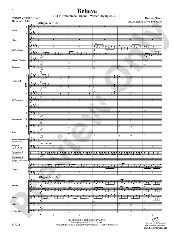 Believe (Winter Olympics 2010) – Full Orchestra Conductor Score & Parts (Digital Download)