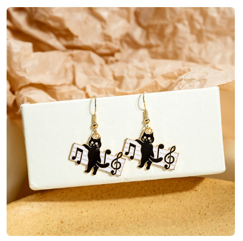 Gold and Enamel Cat Earrings Cat on a Stave