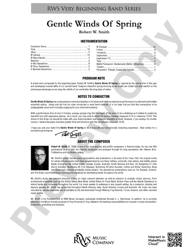 Gentle Winds of Spring - Concert Band Conductor Score & Parts (Digital Download)
