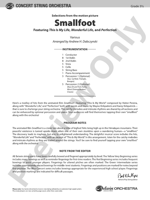 Smallfoot - String Orchestra Conductor Score & Parts (Digital Download)