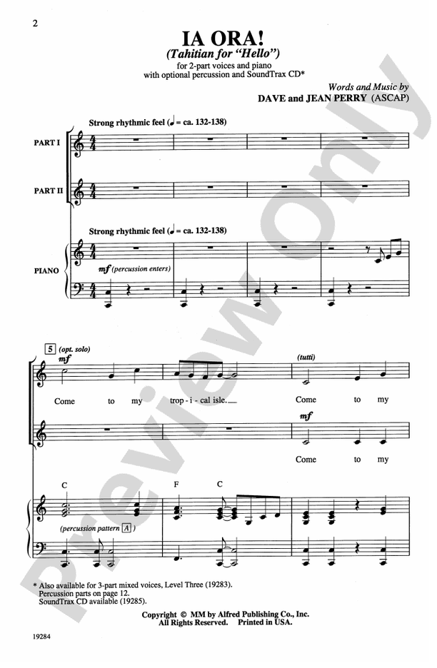 Ia Ora! (Tahitian for "Hello") – 2-Part Choral Octavo (Digital Download)