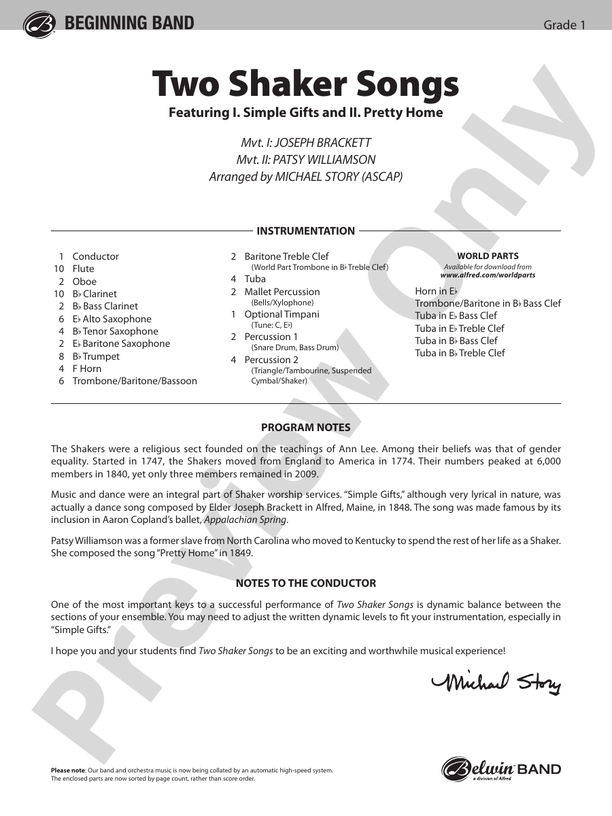 Two Shaker Songs - Concert Band Conductor Score & Parts (Digital Download)