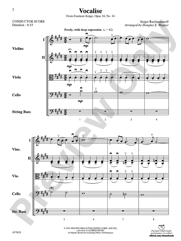 Vocalise – String Orchestra Conductor Score & Parts (Digital Download)