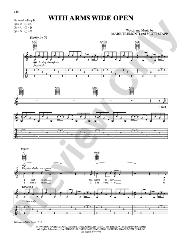 With Arms Wide Open - Guitar TAB (Digital Download)
