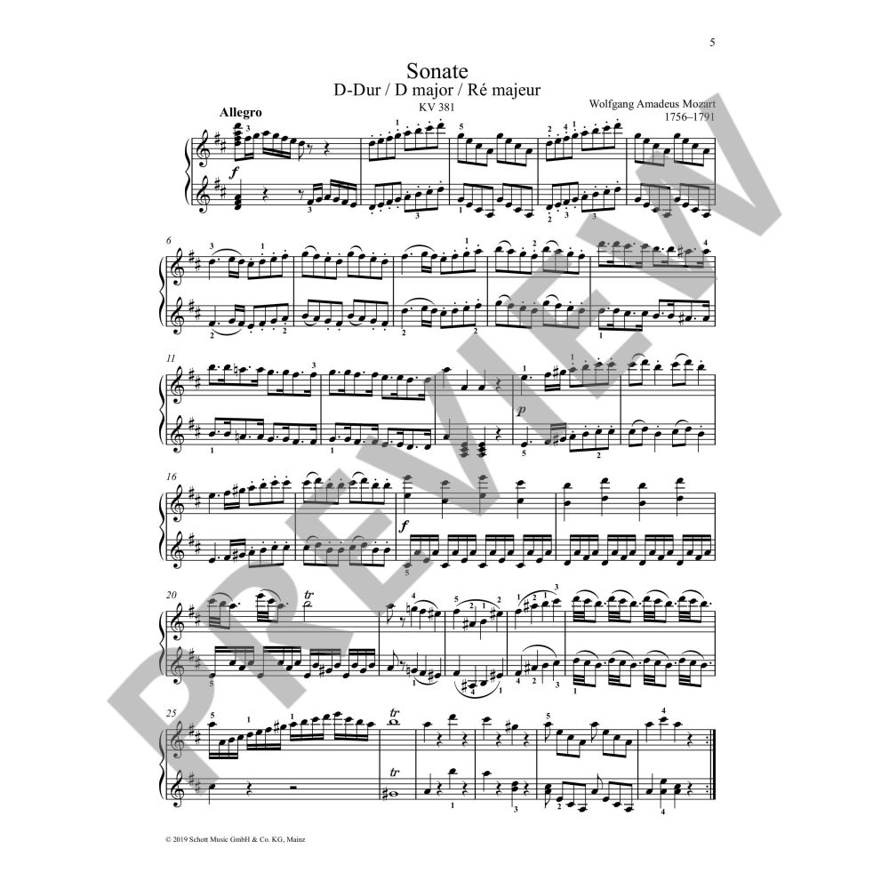 Mozart - Sonata in DMaj K381 - 1 Piano/4 Hands Schott ED01015