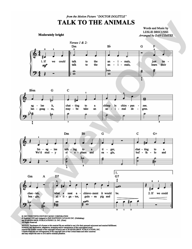 Talk To The Animals - Arr. Dan Coates - Easy Piano (Digital Download)