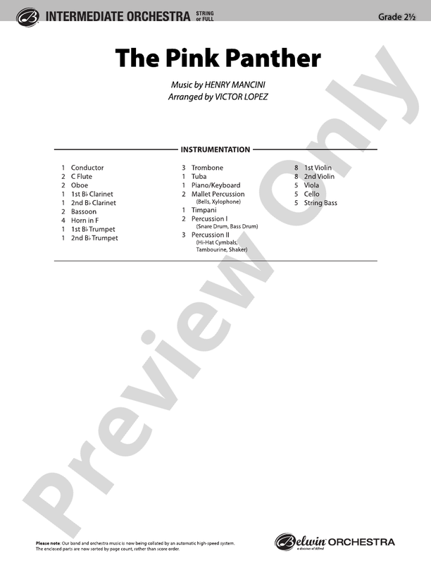 The Pink Panther (Grade 2.5) - Full Orchestra Conductor Score & Parts (Digital Download)