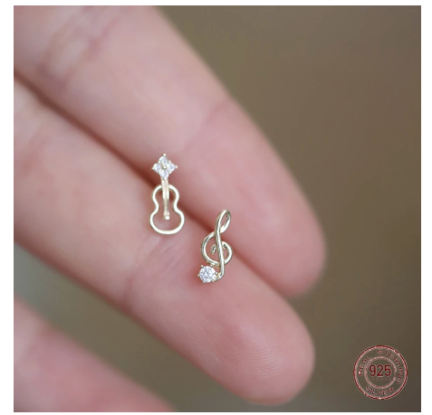 Sterling Silver Stud Earrings Violin and Treble Clef with a Diamonte